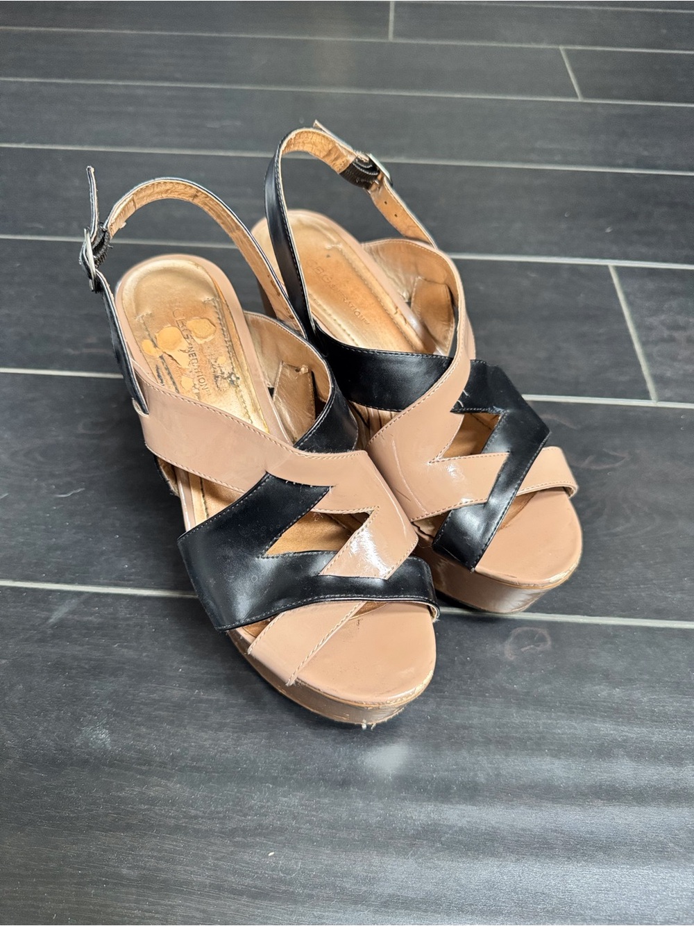 BCBGeneration Black and Tan Crisscross Wedge Sandals size 38